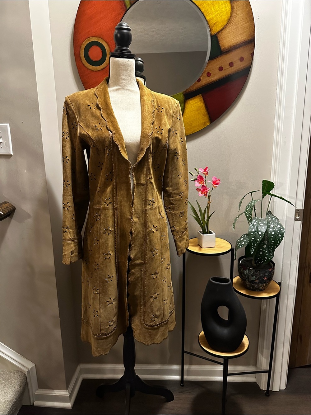 Women's Suede Embroidered Long Coat - Mustard